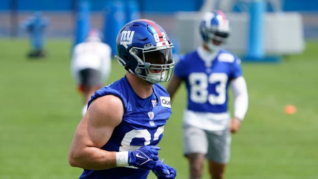 New York Giants tight end Daniel Bellinger (82) on the field for day two of mandatory minicamp at the Giants training center on Wednesday, June 14, 2023, in East Rutherford.